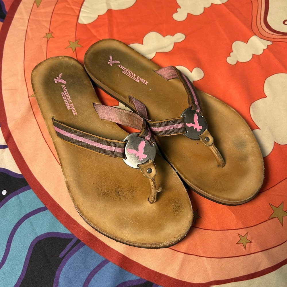 Y2K American Eagle Outfitters Brown Pink Striped Logo Thong Flip Flop Sandals